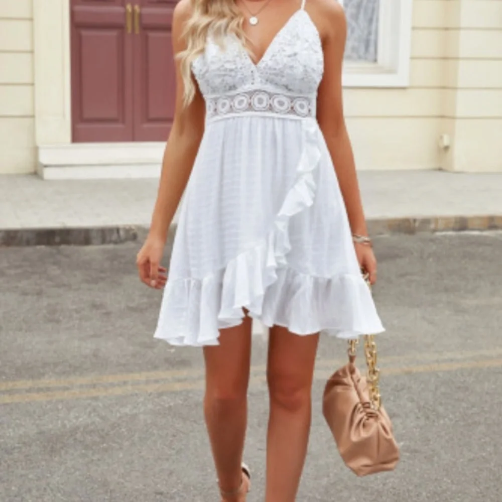 WHITE LACE SPLICING CRISS CROSS LACE-UP V NECK CAMI DRESS Sz M - Picture 6 of 16